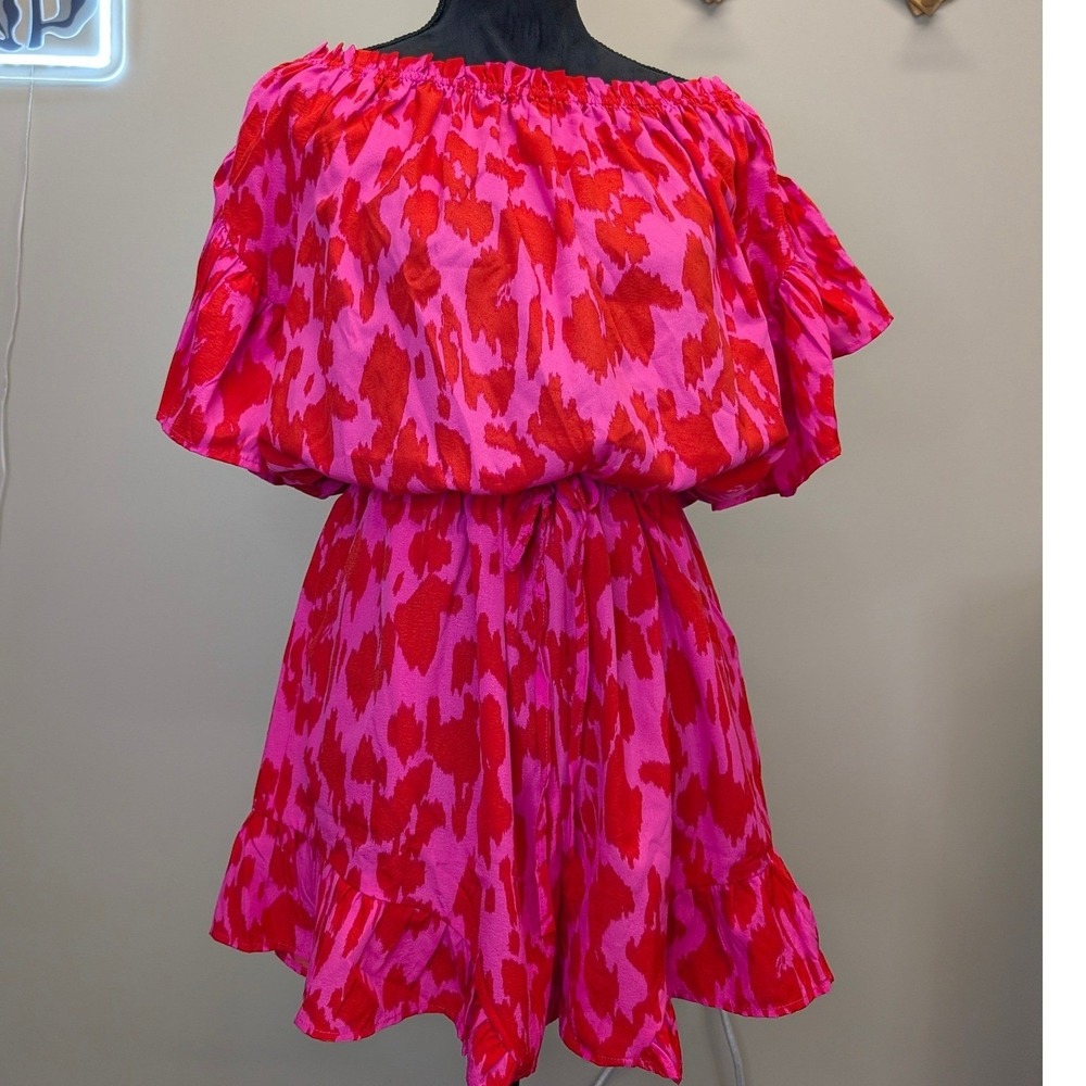 Jodifl Womens Pink Red Abstract Ikat Off Shoulder Ruffle Romper Size M